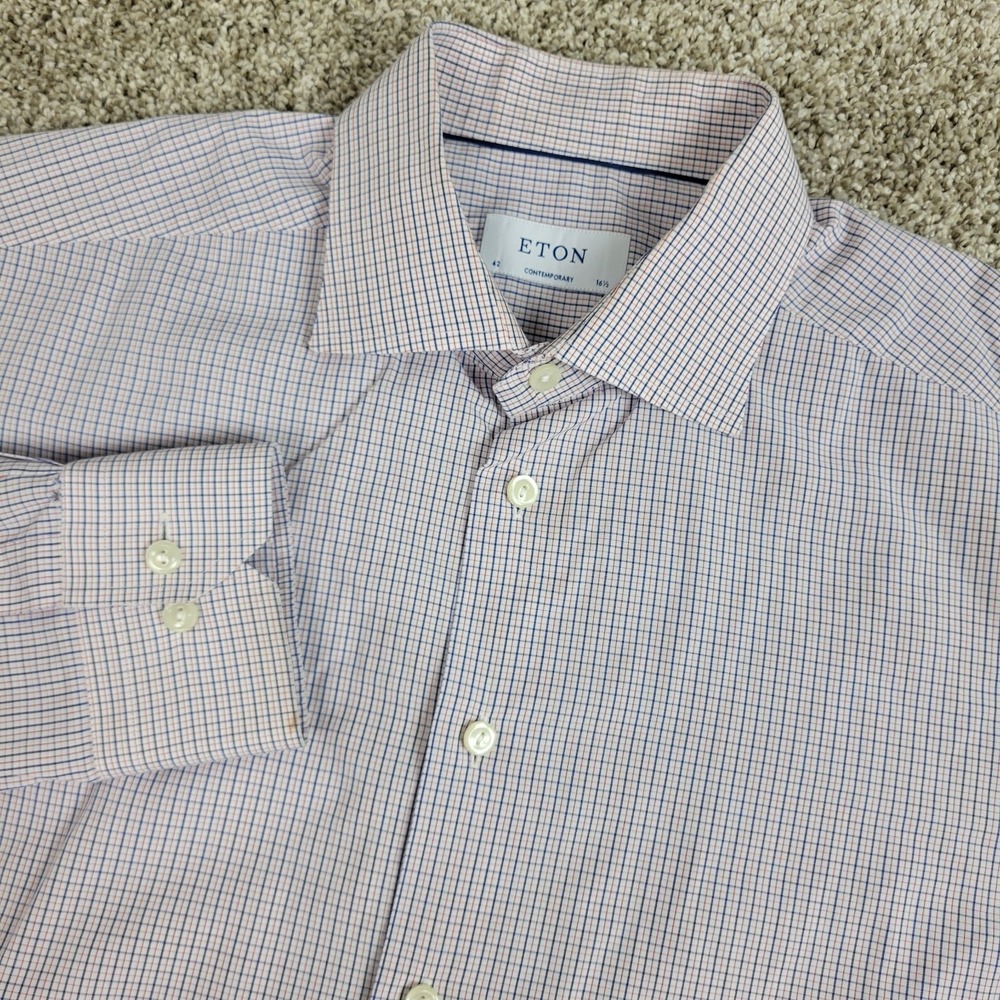 Eton Contemporary Mens 16.5-42 White Blue Red Check Button Up Long Sleeve